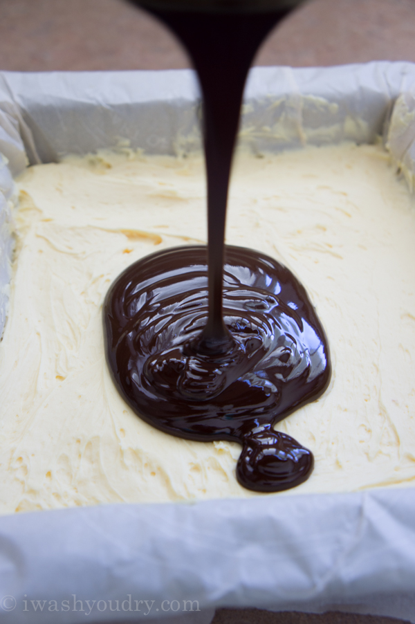 chocolate ganache poured into pan.