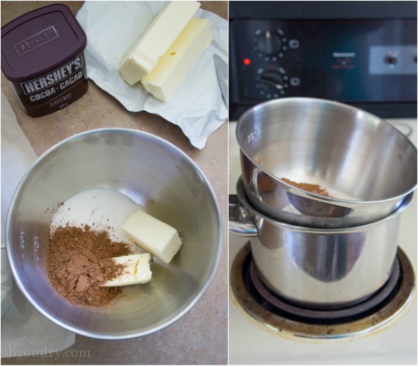 Two pictures in one showing how to make a double broiler