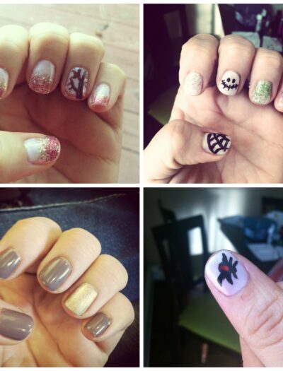 A grid of 4 different pictures of close ups of fingernails with fun designs