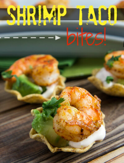 Shrimp in mini taco shells titled, "Shrimp Taco bites!"