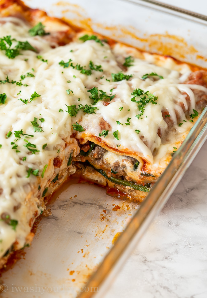 EASY Lasagna in a casserole dish