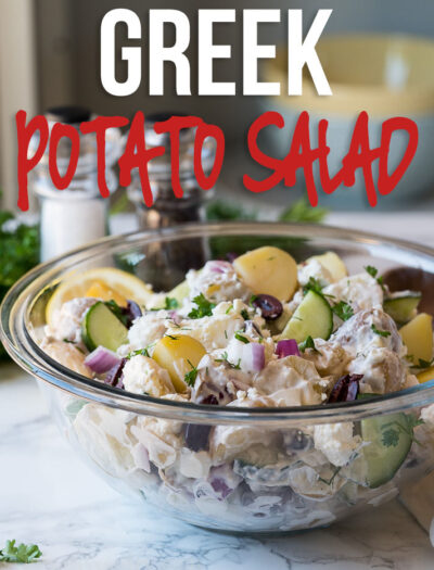 This creamy Greek Potato Salad is filled with tender potatoes, crunchy cucumbers, kalmata olives, feta cheese and red onion in a creamy dill sauce that's to die for! The perfect summer potato salad!