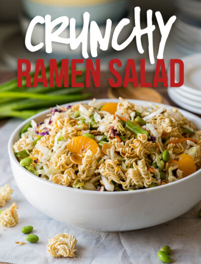 This Classic Asian Ramen Salad is a quick and easy salad to bring to parties and potlucks. Filled with crunchy ramen noodles and a sweet ginger dressing!