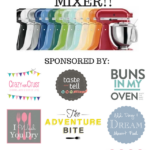 Colorful mixers lined up with the text "Win a 5Qt Kitchenaid Mixer!!" above them and a list of giveaway sponsors on the bottom