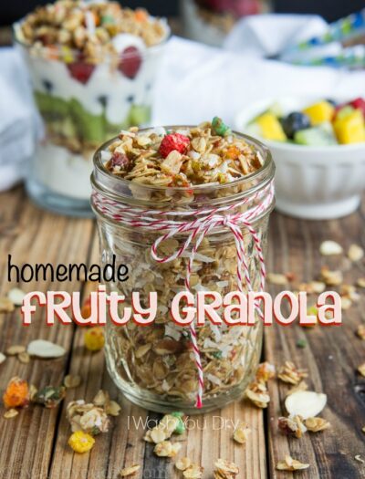 Homemade Fruity Granola made with coconut oil, honey and little bits of shredded coconut, sliced almonds and a pop of fruity flavor from Trix!