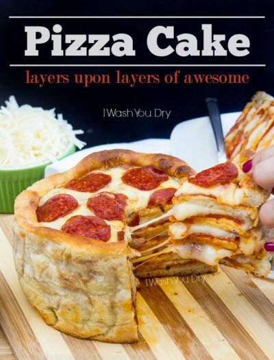 A pizza cake with a slice being removed titled, "Pizza Cake: layers upon layers of awesome"