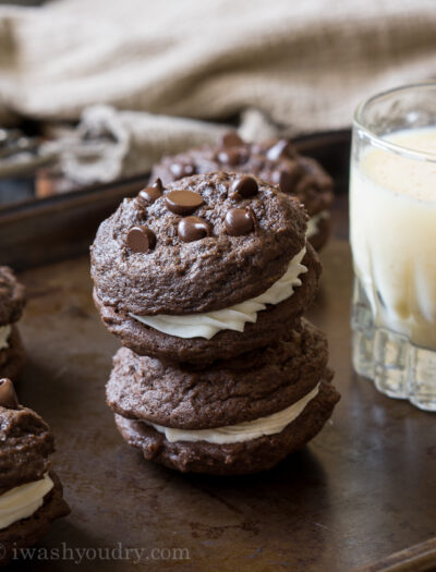 Double Chocolate Chip cookies with an Eggnog Buttercream Frosting in between!