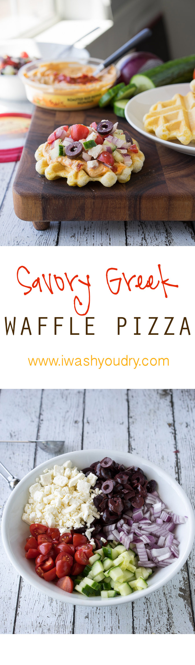 Such a fun and easy lunch or appetizer! Savory Greek Waffle Pizzas with hummus!