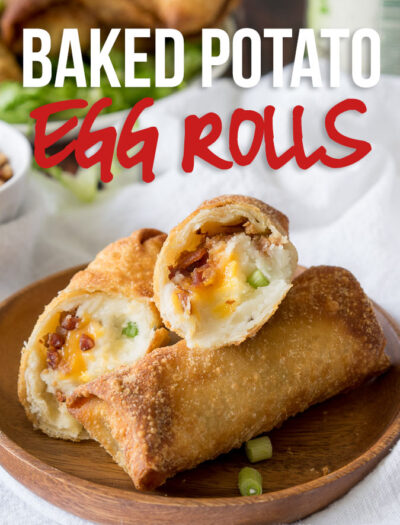 These Loaded Baked Potato Egg Rolls are the perfect appetizer recipe for game day! Great with leftover mashed potatoes too!