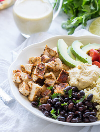 Cilantro Lime Quinoa Bowls with Hummus Vinaigrette and Blackened Chicken