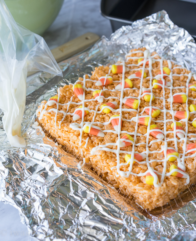 I have never had such a soft and chewy rice krispie treat until I made these glorious Candy Corn Rice Krispies Treats. This is the best recipe!