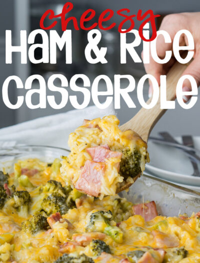 This Cheesy Leftover Ham and Rice Casserole recipe is a great way to use up some leftover Ham from the holidays! Plus you can easily substitute in leftover turkey or chicken too!