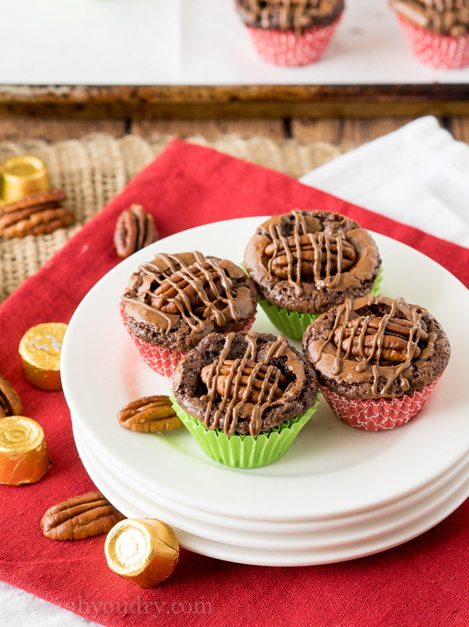 These Turtle Brownie Bites are ridiculously easy and taste so good! It's the filling on the inside that gets me every time! 