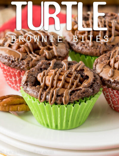 These Turtle Brownie Bites are ridiculously easy and taste so good! It's the filling on the inside that gets me every time!