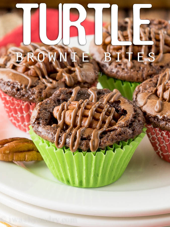 These Turtle Brownie Bites are ridiculously easy and taste so good! It's the filling on the inside that gets me every time! 