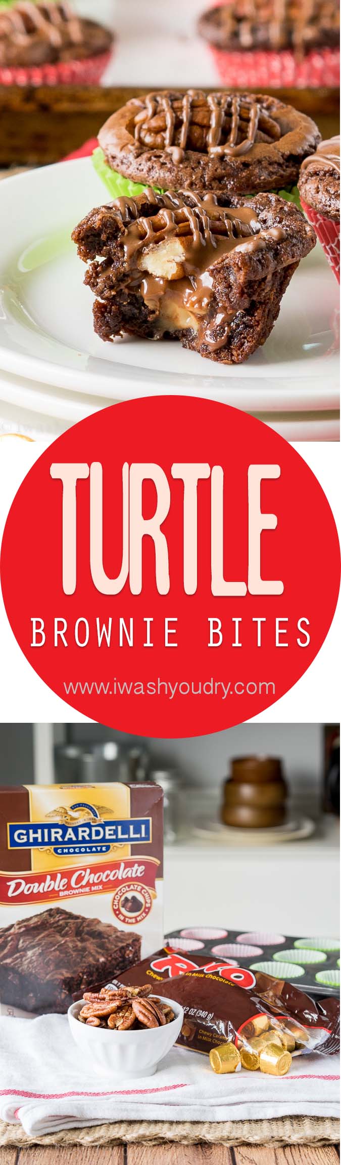 These Turtle Brownie Bites are ridiculously easy and taste so good! It's the filling on the inside that gets me every time! 