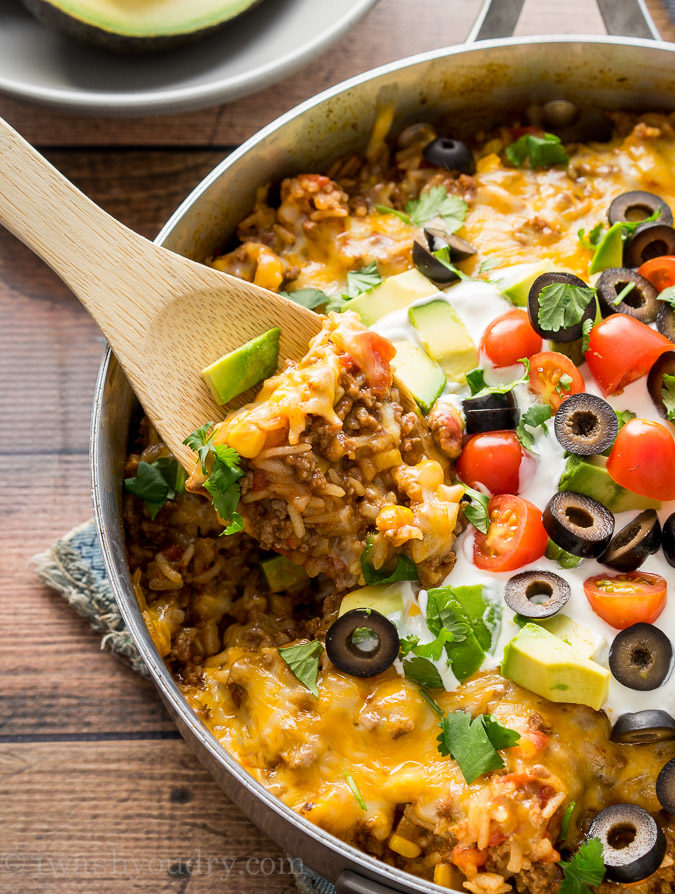 My whole family LOVED this One Skillet Mexican Beef and Rice dinner recipe! Super quick and easy and we ate the leftovers wrapped up in tortillas!