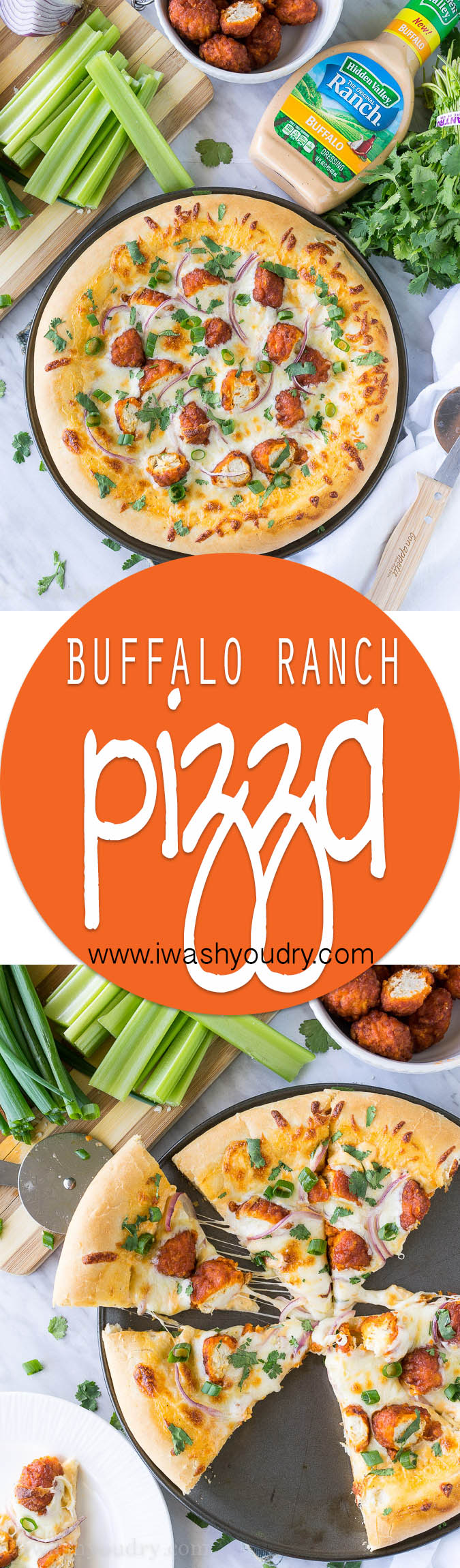 The combination of Buffalo Wings and Pizza in a creamy and cheesy Buffalo Ranch Chicken Pizza! So good with Hidden Valley's new Buffalo Ranch dressing! 