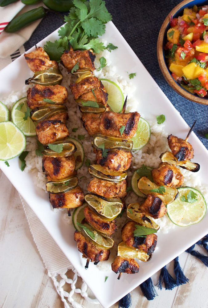 We love these Grilled Chili Lime Chicken Kabobs with Mango Salsa for a quick summer dinner! 