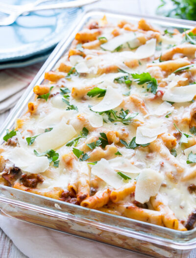 I love this Freezer Friendly Baked Ziti recipe! It's perfect for dinners in a pinch or for taking to others in need!