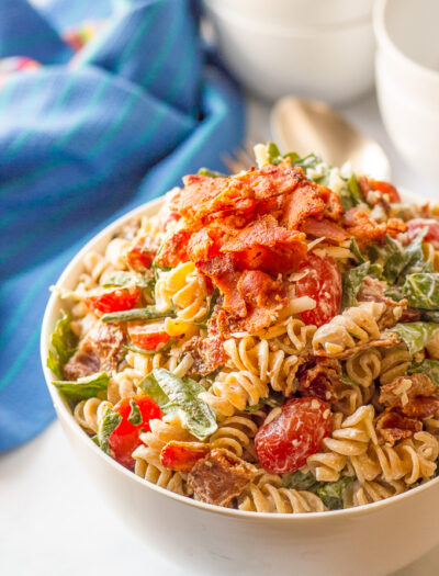 BLT pasta salad with an easy, creamy dressing - perfect for summer picnics, cookouts and parties!