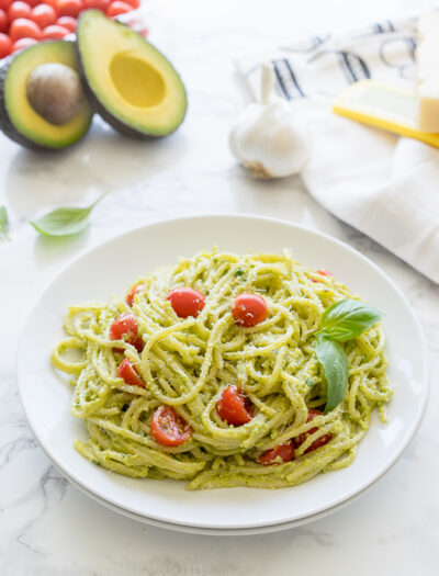 This Avocado Pesto Pasta is a super creamy and fresh pasta dish that always receives rave reviews!