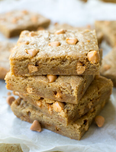 A close up of a stack of blond brownies