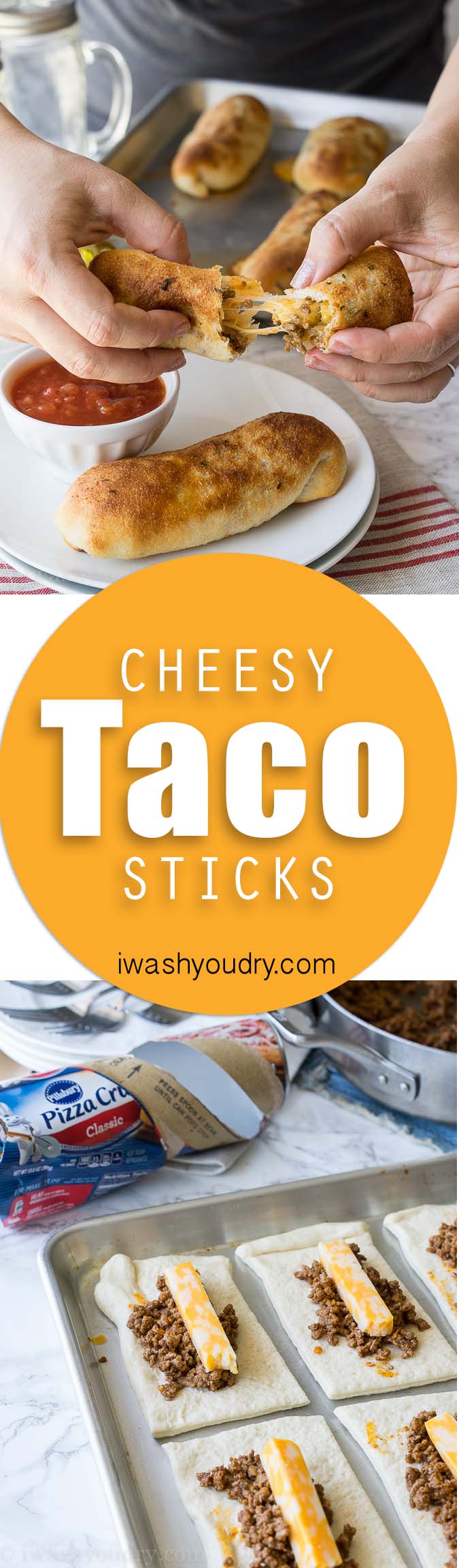 These super simple Cheesy Taco Sticks are buttery breadsticks filled with taco meat and lots of cheese! Perfect for snacking or watching the big game!