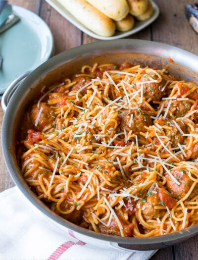 Everything gets cooked in one pan! My family loves this One Pot Spaghetti and Meatballs, I love how it's a super easy clean up!