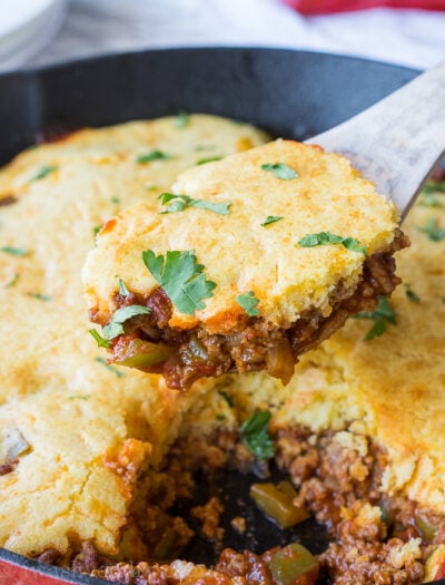 My family LOVED this One Skillet Sloppy Jo Cornbread Casserole! Everything gets cooked in one pan and there were NO leftovers! So yummy!