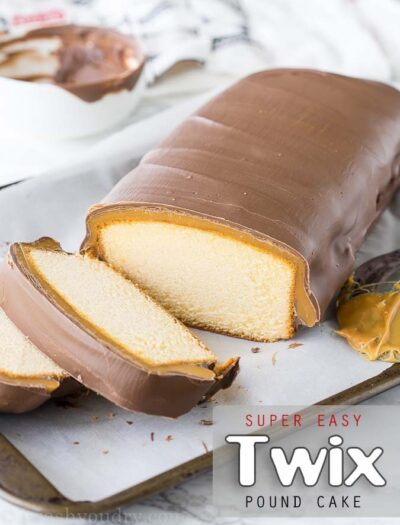 This super easy Twix Pound Cake is a quick dessert that only takes 4 ingredients!