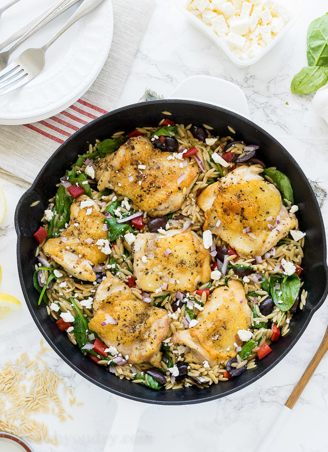 This One Skillet Greek Chicken is a one pan meal that's full of bold flavors and made super quick! You'll love this recipe!