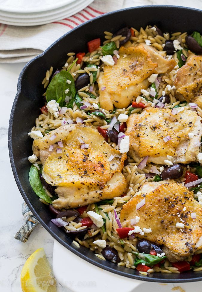 This One Skillet Greek Chicken is a one pan meal that's full of bold flavors and made super quick! You'll love this recipe!