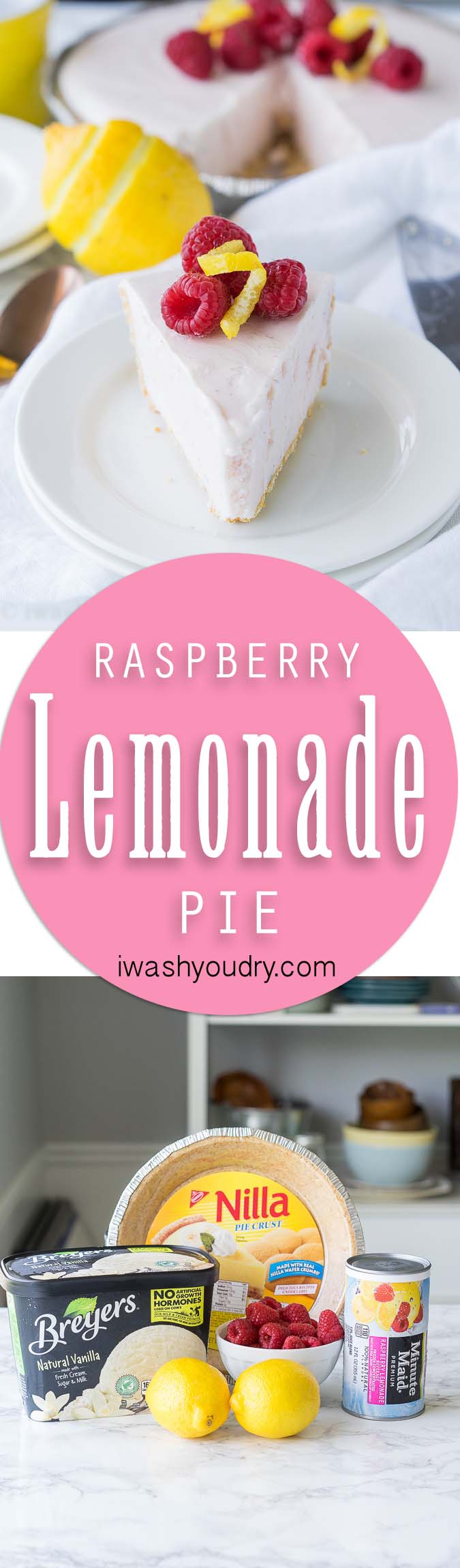 This super easy, 3 ingredient, Raspberry Lemonade Pie is a frozen pie that's perfect for a cool and refreshing dessert!