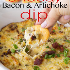 This Cheesy Bacon Artichoke Dip is just 5 ingredients and so easy to make! There are never any leftovers!