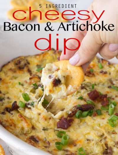 This Cheesy Bacon Artichoke Dip is just 5 ingredients and so easy to make! There are never any leftovers!