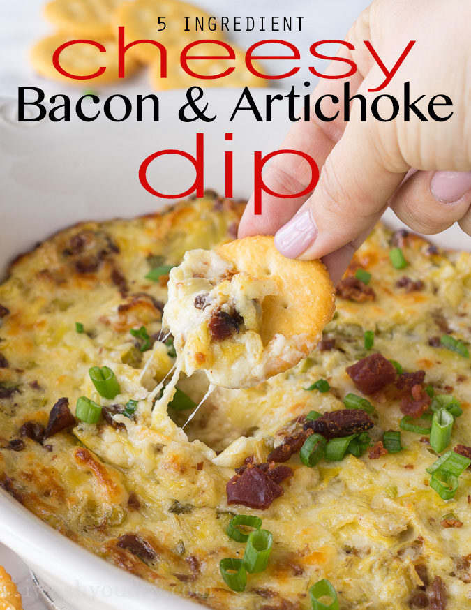 This Cheesy Bacon Artichoke Dip is just 5 ingredients and so easy to make! There are never any leftovers!