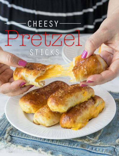 These Cheesy Pretzel Sticks are soft pretzels stuffed with cheese and just 5 simple ingredients. Ready in less than 20 minutes!