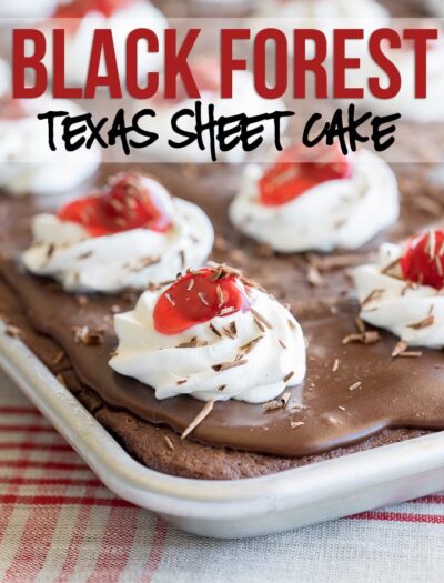 This Black Forest Texas Sheet Cake is seriously so good! I am usually pretty reserved when it comes to cake, but I had to go back for seconds on this one! This one is a keeper!