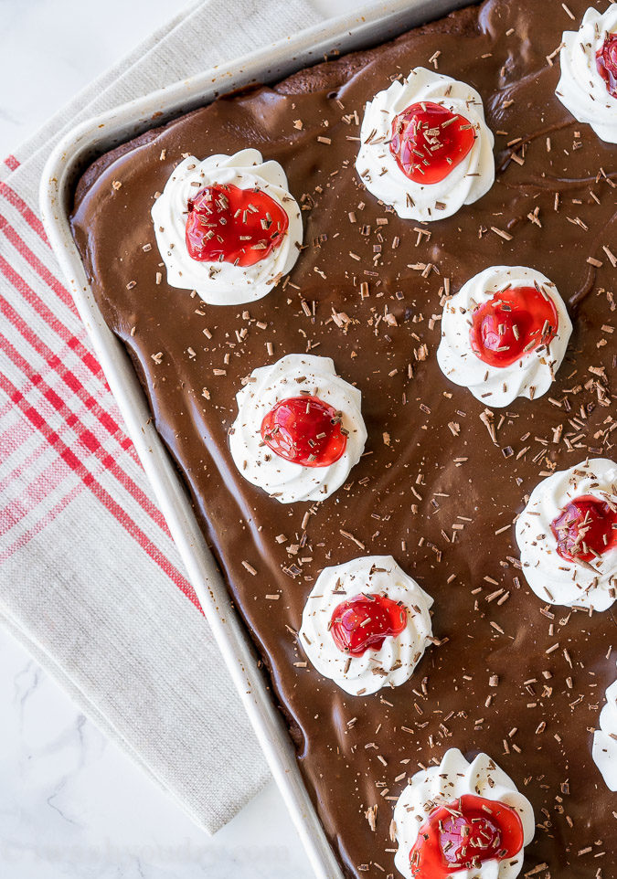 This Black Forest Texas Sheet Cake recipe is seriously so good! I am usually pretty reserved when it comes to cake, but I had to go back for seconds on this one! This one is a keeper!