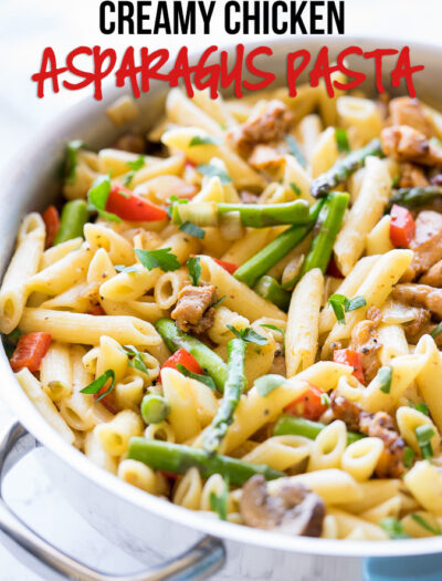 This Creamy Chicken Asparagus Penne Pasta is filled with fresh veggies and tender pasta in a light and creamy sauce! Another easy weeknight dinner recipe!