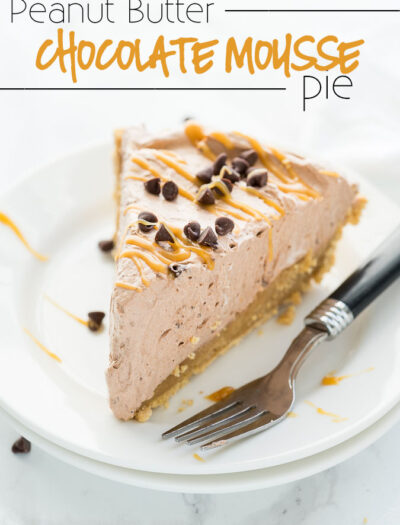 This Peanut Butter Chocolate Mousse Pie is a super simple dessert that comes together in minutes! We love the thick peanut butter ganache on the bottom combined with the light and fluffy chocolate mousse on top! Perfect combination.