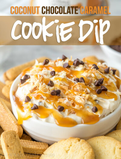 OH MY GOSH!! This Coconut Chocolate Caramel Cookie Dip is SO GOOD with graham cracker sticks! The Yoplait Custard yogurt in the dip really makes this recipe amazing!