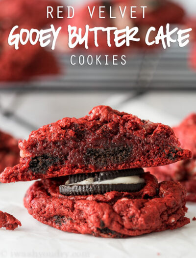 These Red Velvet Oreo Gooey Butter Cake Cookies are just 5 ingredients! I made a batch for a friend but couldn't stop eating them myself!