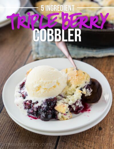 This Triple Berry Cobbler recipe is just 5 ingredients and made in just one skillet! The perfect easy dessert thanks to the Martha White muffin mix!