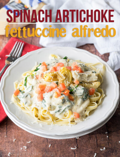 WOW! My whole family LOVED this Spinach Artichoke Fettuccine Alfredo! I mixed the sauce and noodles together and baked the leftovers with mozzarella on top! So good!