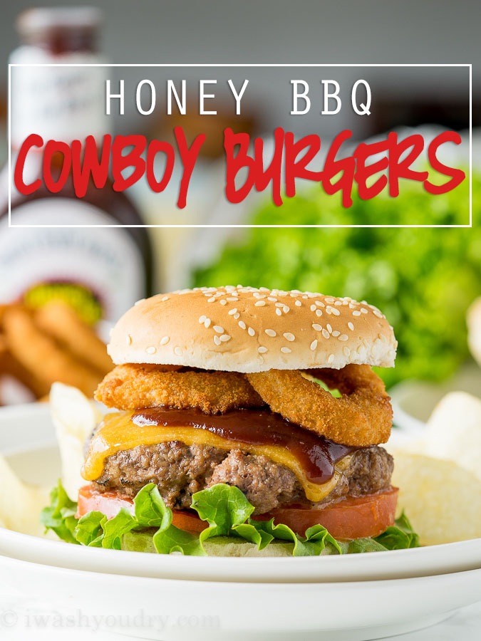 These Honey BBQ Cowboy Burgers are thick and juicy hamburger patties that are topped with cheese, Sweet Baby Ray's Honey BBQ Sauce and crispy onion rings. It's a party in your mouth!