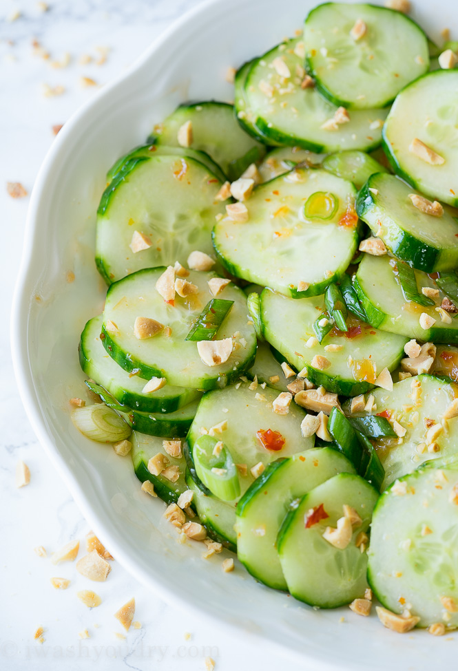 This Crunchy Thai Cucumber Salad is cool and crisp, with a slightly sweet and spicy dressing. This goes perfectly with grilled chicken, fish or steak! 