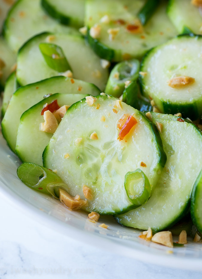 This Crunchy Thai Cucumber Salad is cool and crisp, with a slightly sweet and spicy dressing. This goes perfectly with grilled chicken, fish or steak! 