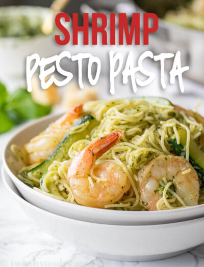 This super easy Shrimp with Pesto Pasta is an extremely flavorful dish that's filled with fresh zucchini, pasta, shrimp and parmesan cheese!